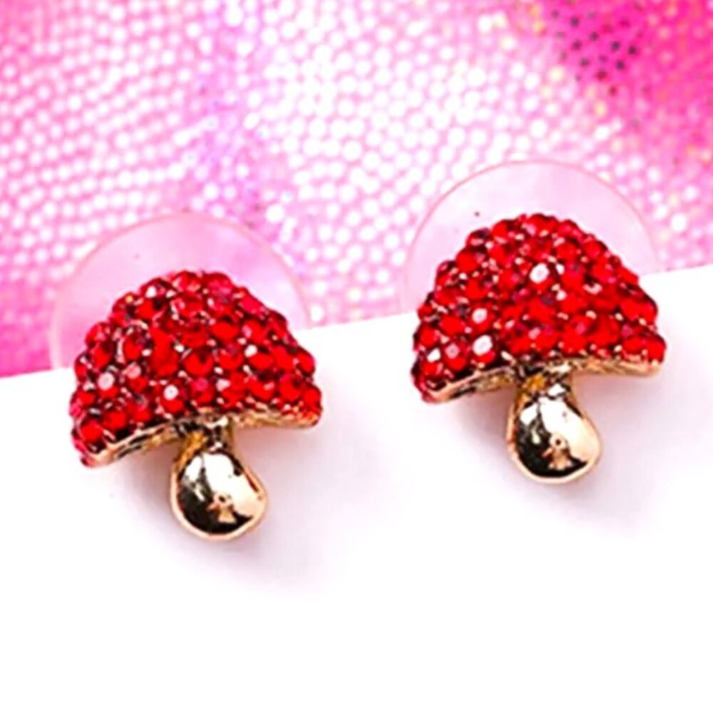 Earrings Mushroom Red Rhinestone 3D Gold Trendy Wonderland Glam Trippy Stylish